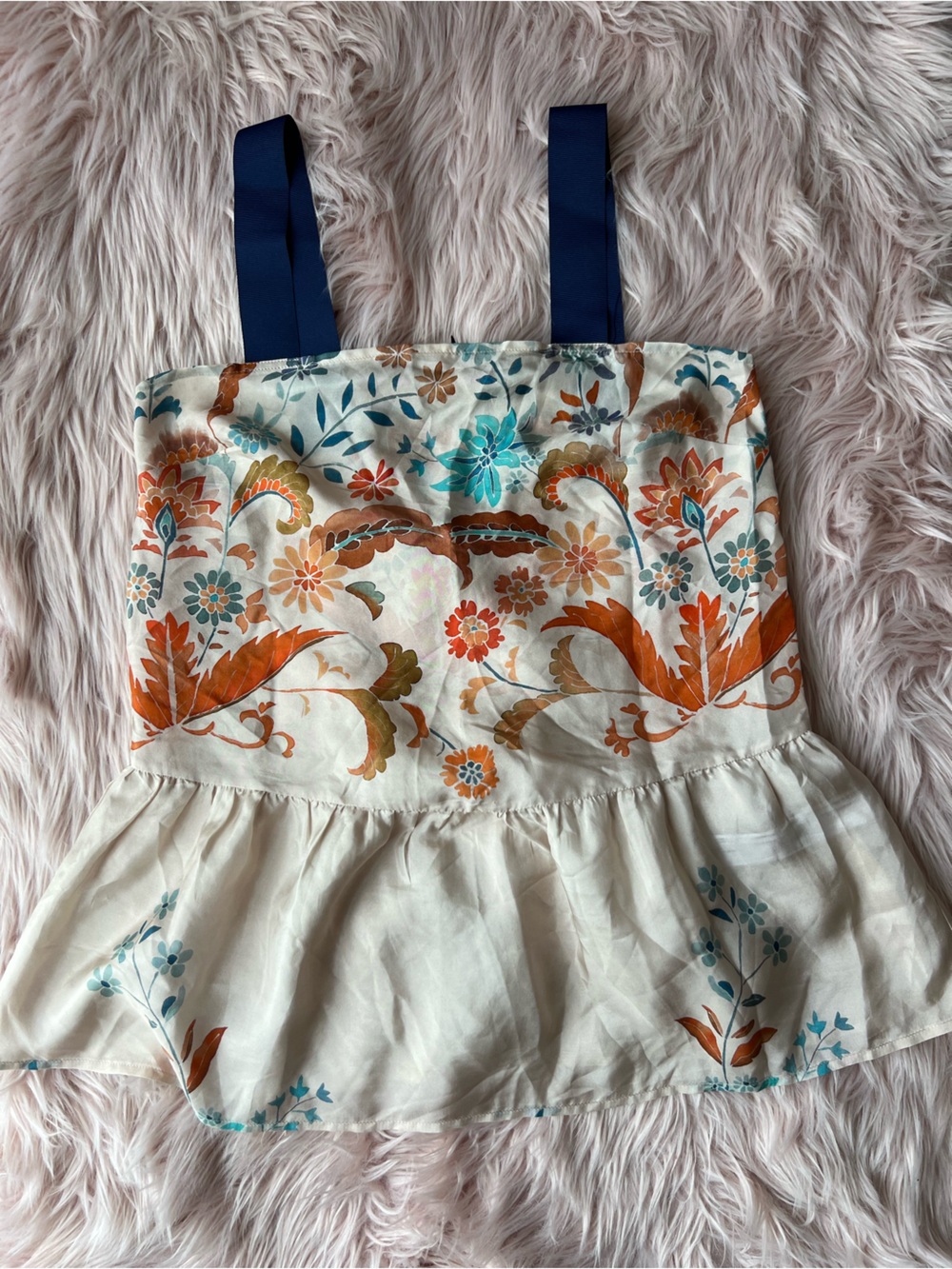 100% Silk Twin-Set Cream Floral Crop Top with Navy Straps Euro Vacation